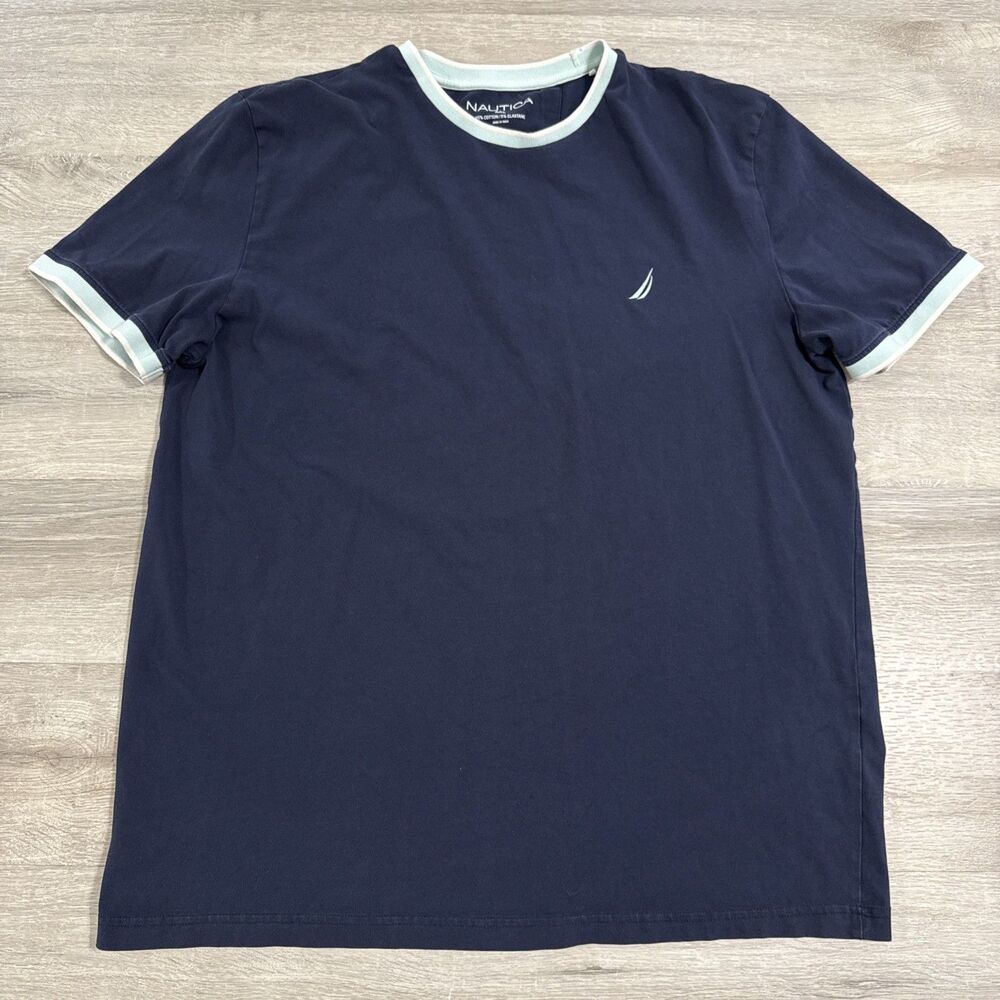 Nautica Shirt Men’s 2XL Blue Ringer Sailboat Logo Cotton Stretch Crewneck